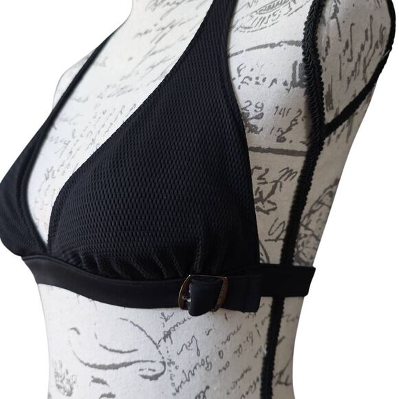 Kenneth Cole Women's Size Medium Black Textured Buckle Halter Bikini Top - Picture 4 of 7